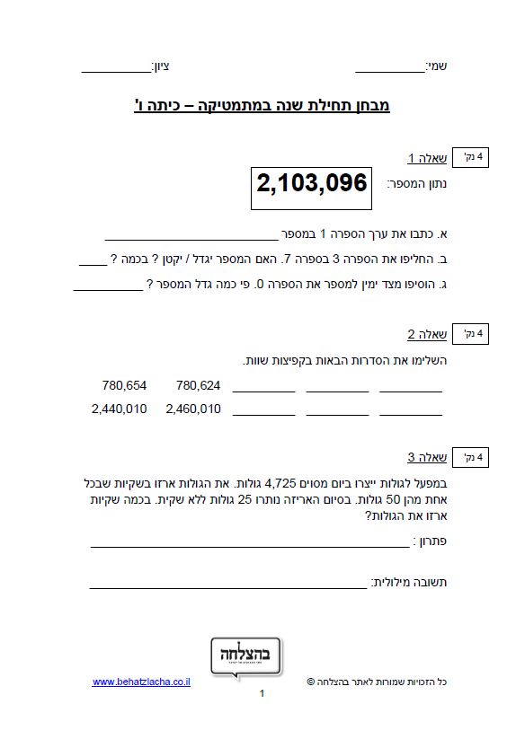 מבחן במתמטיקה לכיתה ו - מבחן 3 -&nbsp;מספרים בתחום המיליון כתיבה, מיקום ספרות - ייצוג עשרוני, סדרות , חיבור, חיסור, חילוק וכפל במאונך, מעבר משבר מדומה למספר מעורב , מעבר משבר פשוט לשבר עשרוני , חיבור וחיסור מספרים מעורבים , כפל שלם בשבר , &nbsp;שברים מדומים ובהצגה עשרונית על ציר המספרים, בעיות מילוליות, מספרים ראשוניים, מספרים פריקים, אומדן , סדר פעולות חשבון בין חיבור חיסור וחילוק , חישוב ממוצע , גובה, חקר נתונים , חישוב שטח והיקף&nbsp; של מצולעים.
